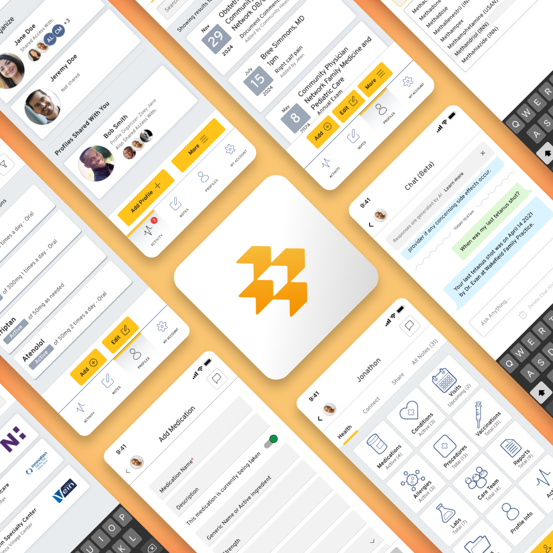 Primary Record app screens arranged around the Primary Record mark