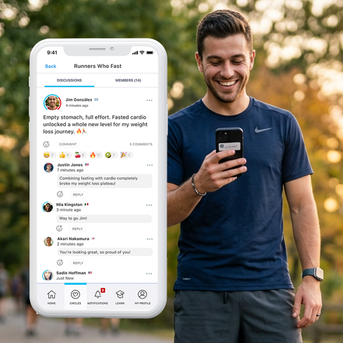 LIFE Fasting app community feed screens