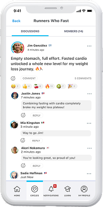 LIFE Fasting app community feed on mobile