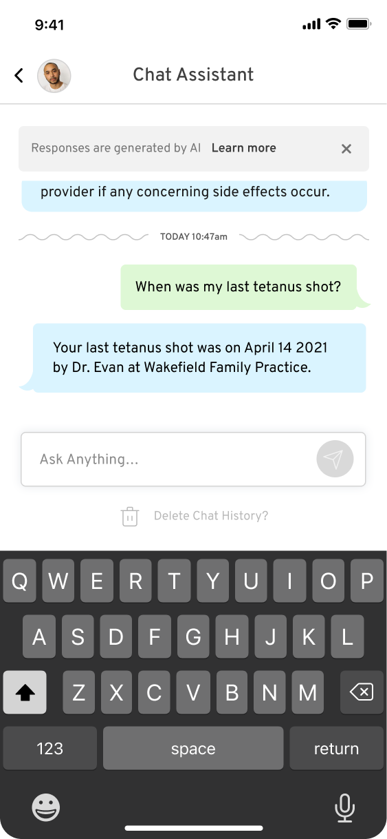 Primary Record chat assistant answering when the last tetanus shot was given