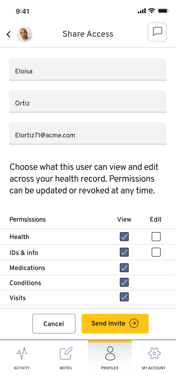 Primary Record share access screen with view and edit permissions for a family member