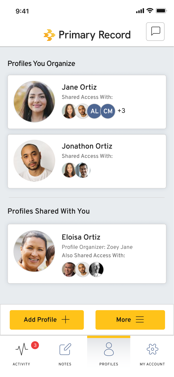 Primary Record profiles list showing profiles you organize and profiles shared with you
