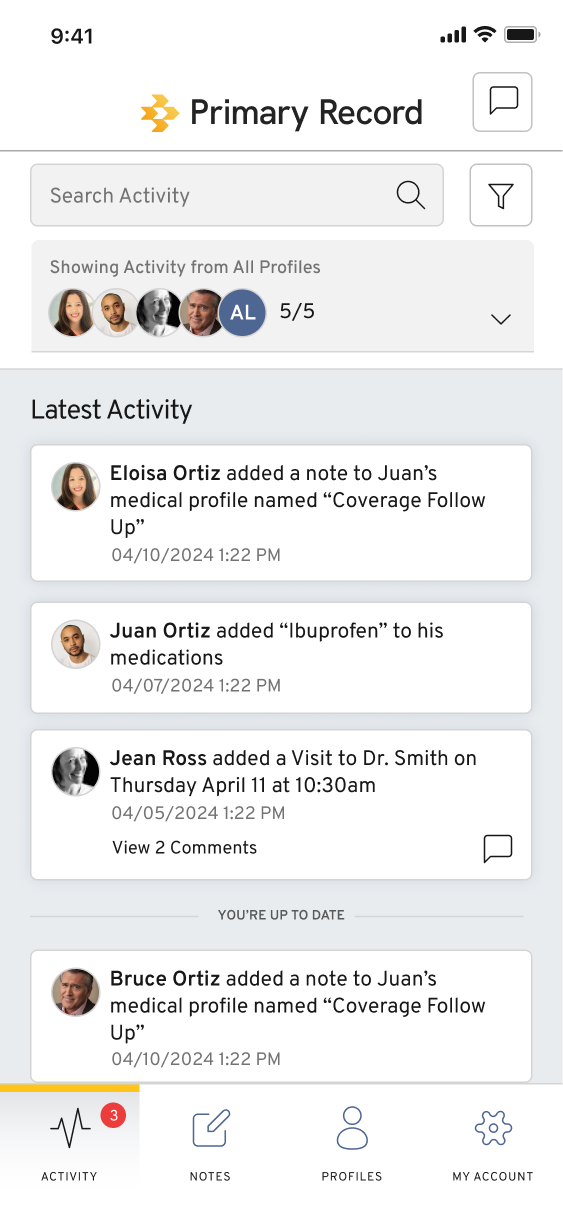 Primary Record activity feed showing updates from all shared profiles