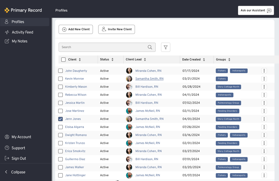 Primary Record admin portal client list with status, client lead, and group tags