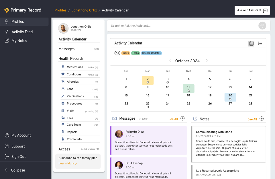 Primary Record admin portal client profile with health records menu and activity calendar