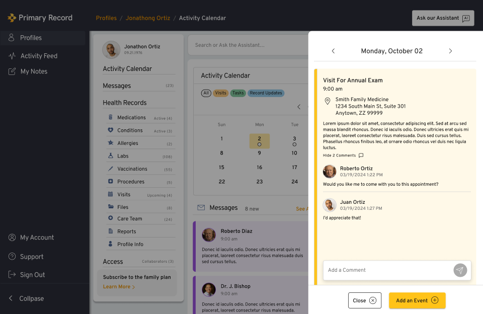 Primary Record admin portal day detail panel with appointment comments
